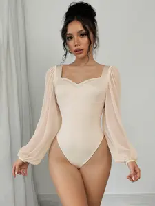 Sexy Vintage Elegant Bodysuit, Bodycon Long Sleeve Heart Neck Mesh Knit Jumpsuit, Slim Fit Plain Color Romper for Women