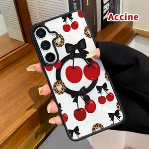Magnetic Phone Case Compatible with Samsung Galaxy S26 S23 Ultra S24 Plus S25 Edge S22+ FE Cherry Bow Delight Pattern Acrylic Back TPU Edges Anti-Fingerprint Ultra Slim Hard Cover Gift