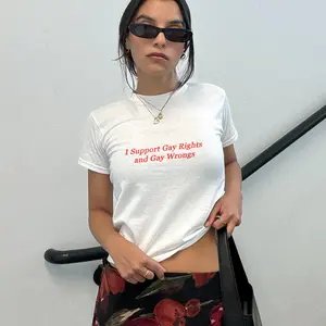 I Support Gay Rights And Gay Wrongs Baby Tee, Funny Pride Quote Graphic T-Shirt, LGBTQ Humor Aesthetic Fitted Top for Women