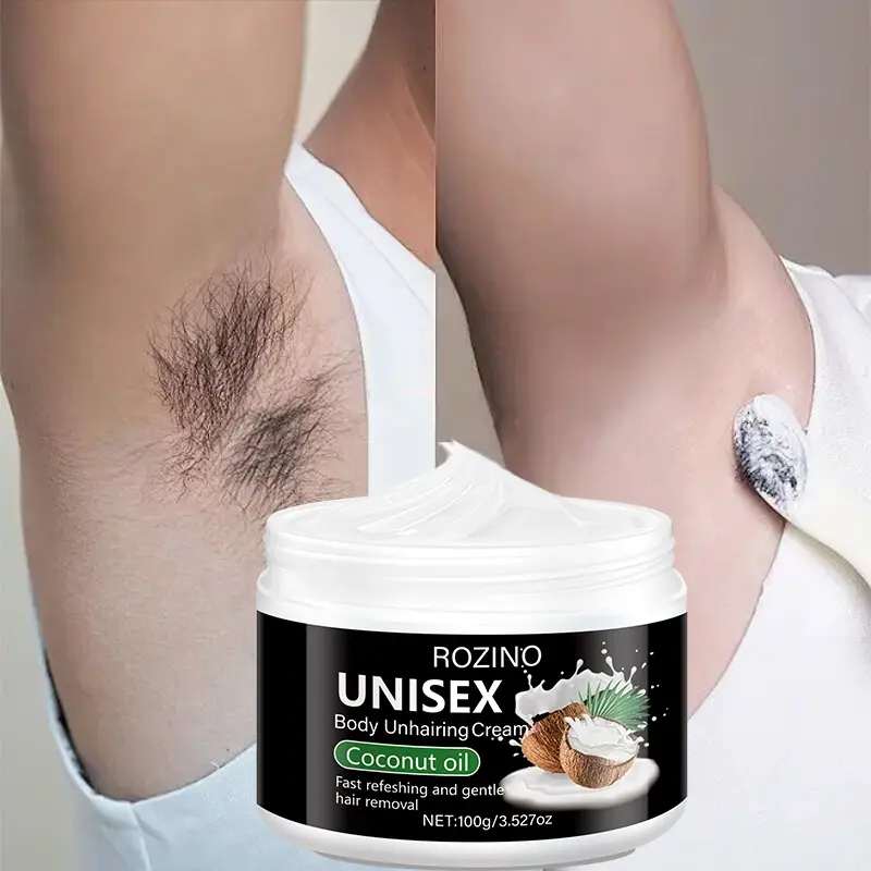 Rozino Coconut Oil Depilatory Removal Creams 100g, Body Care, Unisex Moisturizing & Soothing, Quick Gentle Easy Home Hair Removal, Suitable for All Skin Types, Packaging