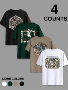 Men's Duck & Letter Print Round Neck Tee, Regular Fit Casual Short Sleeve T-shirt for Summer, Men's Top for Daily Wear, Casual Stylish Tee, Tropical
