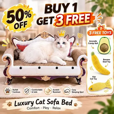 Buy 1 Get 3 Vintage Classic European Corrugated Cardboard Cat Sofa Scratcher Bed - 2-in-1 Open Patchwork Nap Lounge for Small Cats, Large Scratch Area, Claw Care, Furniture Protection, Wipe-Clean, Do Not Wash, Keep Dry