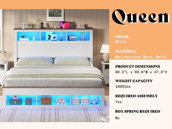 AMERLIFE Bed Frame with Bookcase Storage Headboard and Footboard, LED Platform Bed with Charging Station, No Box Spring Needed, Noise Free/Best Gift Ideas/Christmas Gifts