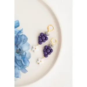 Large Grape & Daisy Clay Bead Polymer Clay Earrings