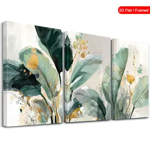 2D flat painting, 2D flat painting, 3-piece framed canvas wall art, framed abstract green plant wall art, canvas painting with gold accents, watercolor style wall art, plant art decoration, modern wall decoration poster, vintage poster, home decoration
