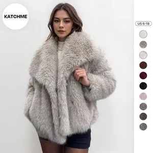 KatchMe Women's Luxurious Oversize Solid Color Wide Lapel Snap Closure Fuzzy Thermal Outerwear, Fall & Winter Long Sleeve Outerwear, Faux Fur Outfit(gift)