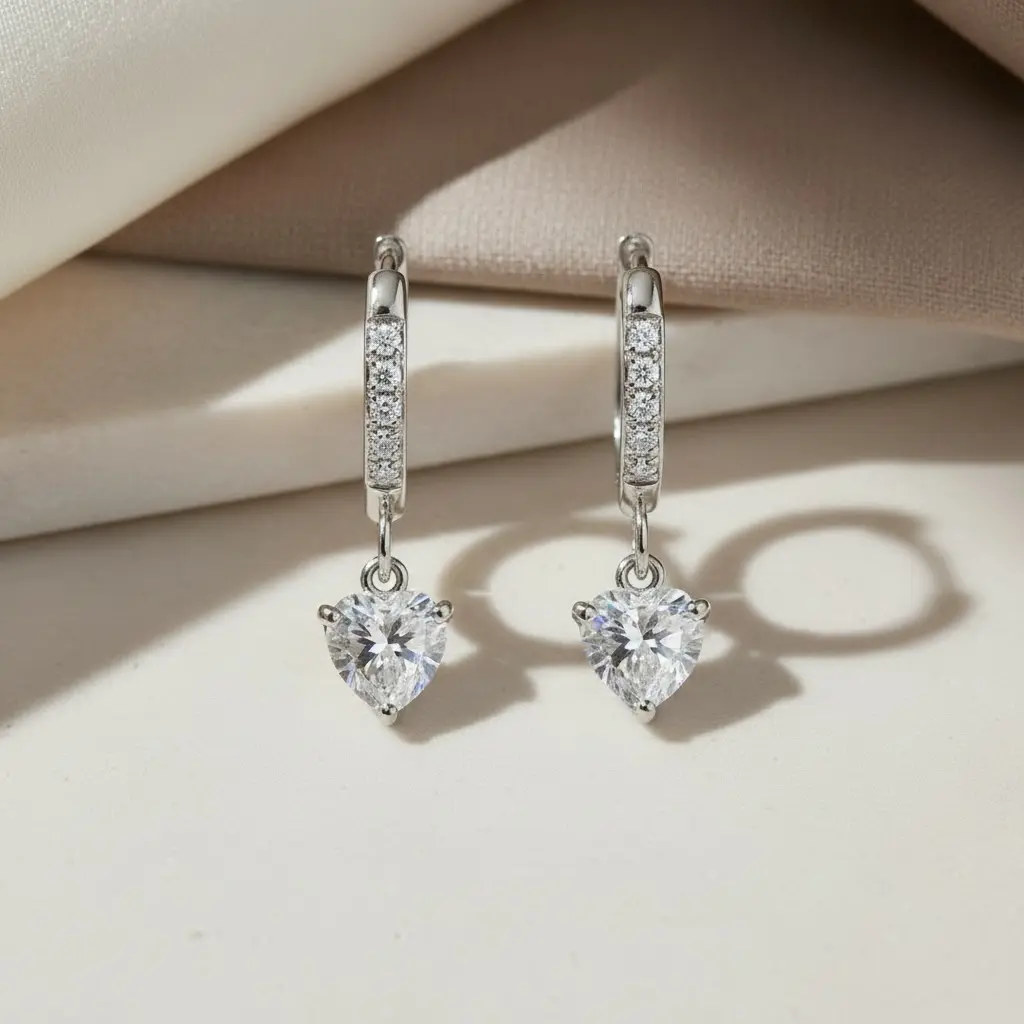 Silver Heart Shaped Cut Diamond Huggie Hoops Earrings - Chic Sterling Silver Luxury Jewelry
