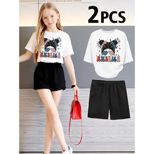 Independence Day 2PCS  Tween Girls Clothes T-Shirt Set  American Flag Mickey Mouse Pattern Print Girl Clothes Short-Sleeved Round Neck T-Shirt Bell Bottom Pants Set Perfect For Outdoor  Kids Clothes