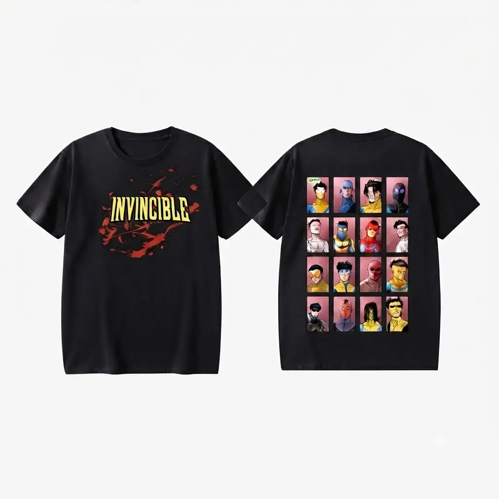 Invincible Comic Characters Grid Graphic Tee - Superhero Ensemble T-Shirt - Unisex Oversized Streetwear