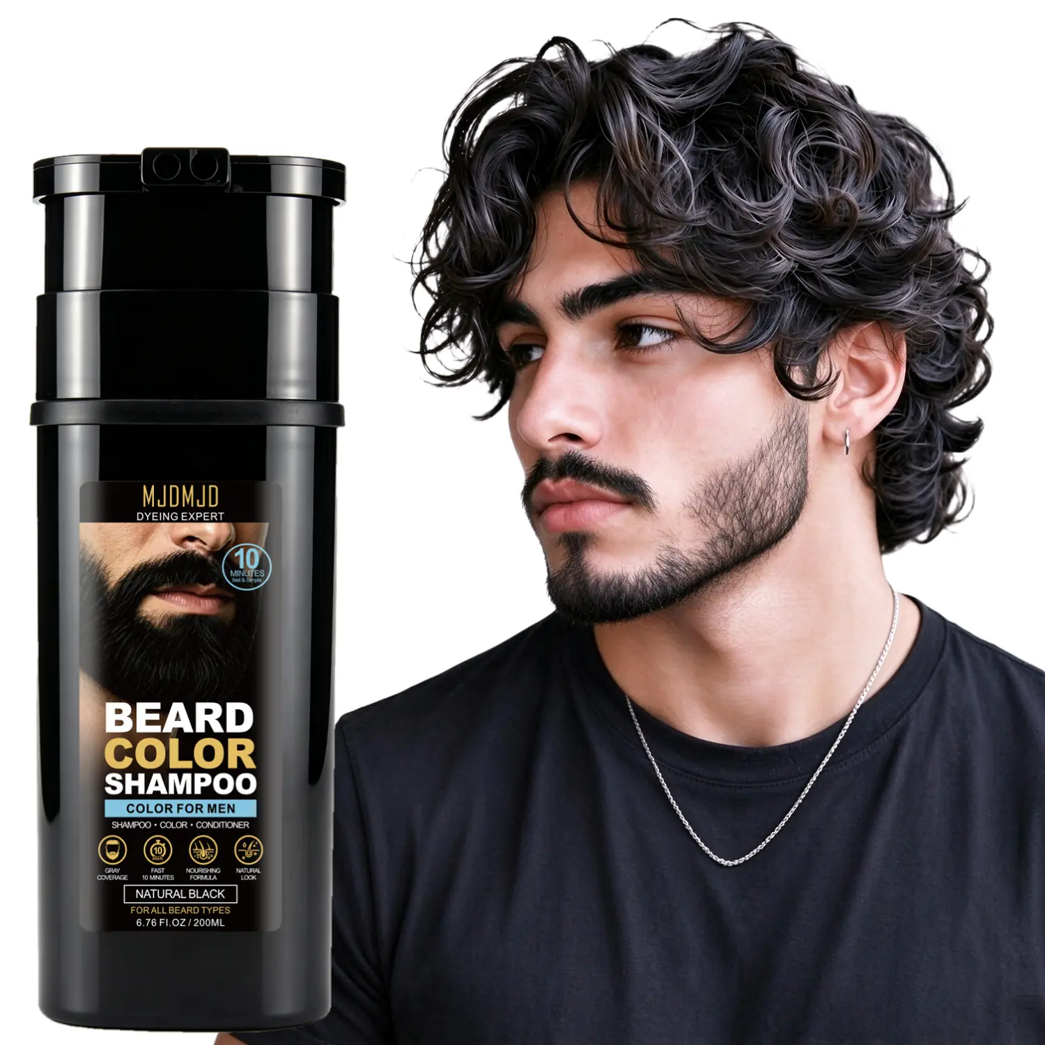 3-in-1 Natural Black Beard Color Shampoo for Men, 10 Mins Fast Gray Beard Coverage, Natural Look, Easy & Simple At-Home Dye, Suitable for All Beard Types, Semi-Permanent Beard Dye | Tinte Para Barba, Champú Para Canas,200ml