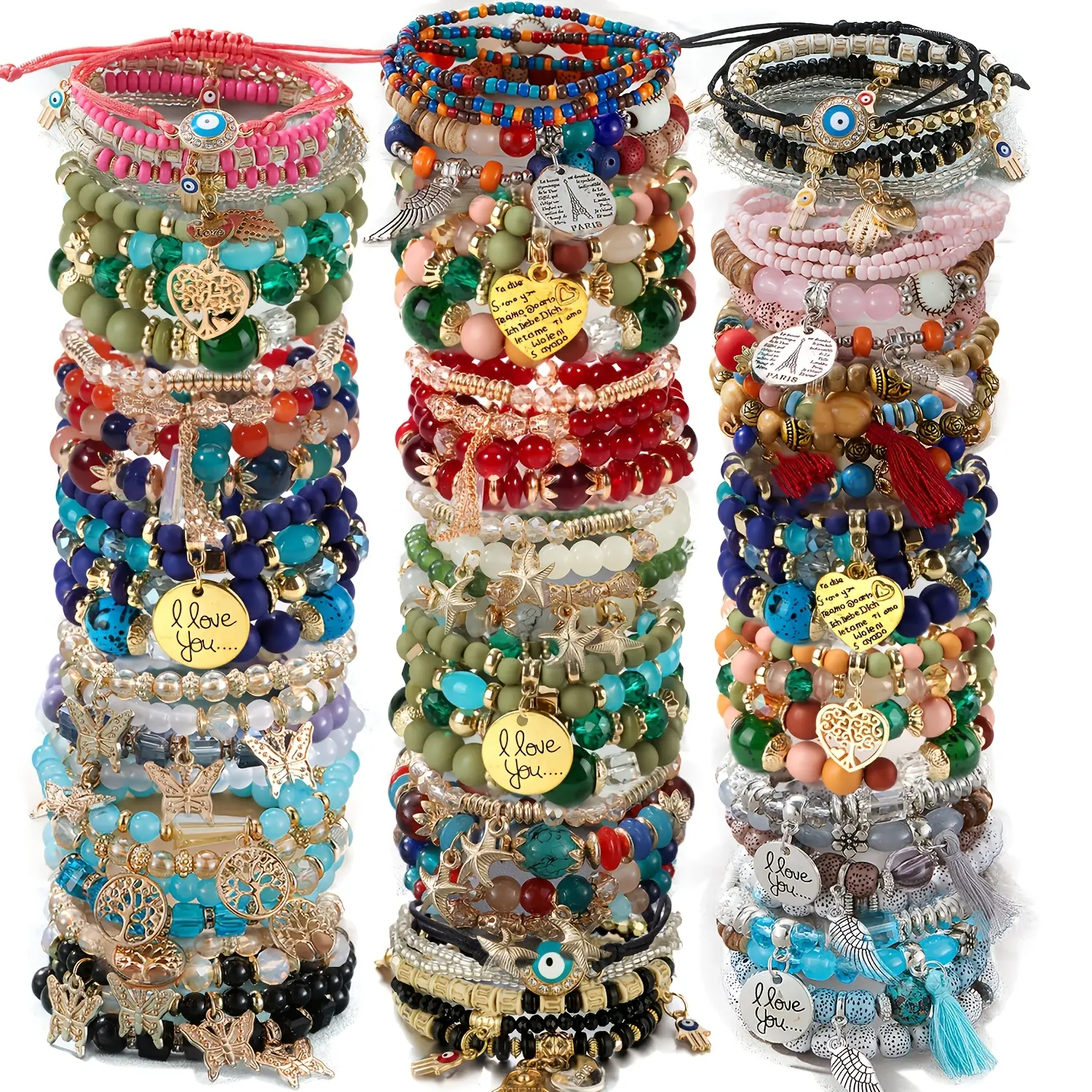 8/12/24/48pcs Mix Boho Colorful Beaded Stackable Bracelets - Heart, Tree & Butterfly Charms | Stackable Bracelet Set for Boho Jewelry Enthusiasts, Women/Girls & Teen Girls | Ideal for Daily Wear, Festival Accessory & Thoughtful Gift Ideas,summerwins