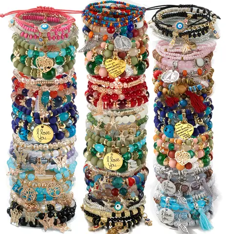 8/12/24/48pcs Mix Boho Colorful Beaded Stackable Bracelets - Heart, Tree & Butterfly Charms | Stackable Bracelet Set for Boho Jewelry Enthusiasts, Women/Girls & Teen Girls | Ideal for Daily Wear, Festival Accessory & Thoughtful Gift Ideas