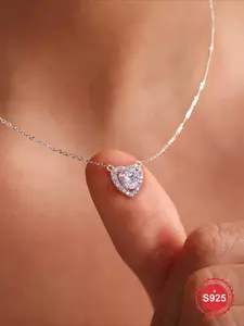 1 Pc heart-Shaped Zircon Pendant Necklace, Heart Pendant Necklaces, for Women Real S925 Sterling Silver Jewelry Wedding Engagement Anniversary Party as Mother's Day Valentine's Day Birthday Gift