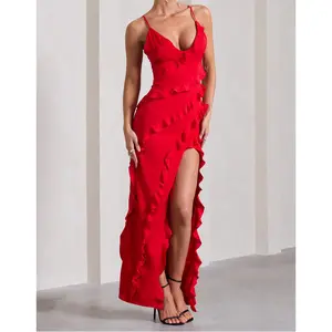 Sexy V Neck Ruffle Backless Dress Side Slit Spaghetti Strap Bodycon Dress