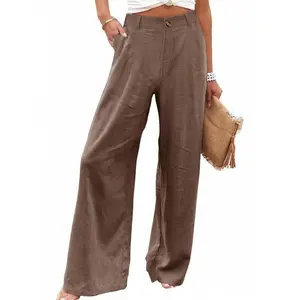 WOMEN'S cotton linen casual button up high waist wide leg joggers