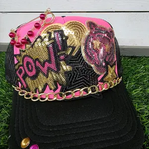 Pink Sequin Pow and Tiger trucker hat with Gold Chain.