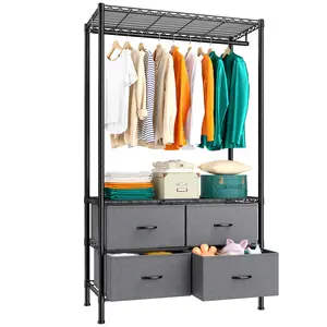 Raybee Portable Closet Rack with 4 Fabric Drawers, Height Adjustable Metal Hanging Clothing Rack with 4 Shelves & 1 Rods, Max Capacity 445LBS, Compact Clothes Rack for Apartment, Dormitory, Bedroom,Guestroom, Easy Assembly