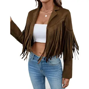 Faux Suede Leather Tassel Jackets With Lining Cropped Fringe Coats For Women