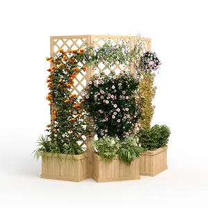 GAOMON Cedar Privacy Screen with Planter Box - 3-Panel 65" Tall Outdoor Divider, Freestanding Garden Fence with Raised Bed & Drain Holes (Natural Wood)