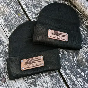 High-Quality American Grandpa Cuffed Winter Hat- Available in Navy, Green, White - Customizable Leather Patch