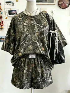 Women's Comfortable Casual Camouflage Print Loose Short Sleeve T-Shirt & Elastic Waist Shorts Set, Versatile Two-Piece for All Seasons