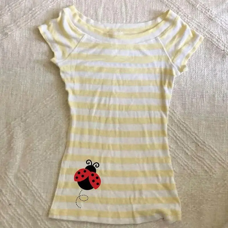 Cute Ladybug Print Striped T Shirt For Women Off Shoulder Slim Fit Casual Summer Streetwear Top