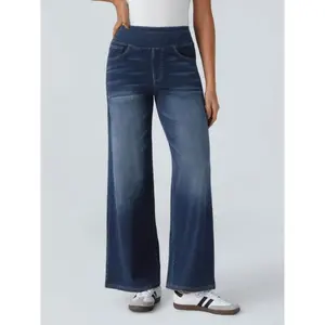 High Waisted Multiple Pockets Wide Leg Washed Stretchy Knit Casual Jeans