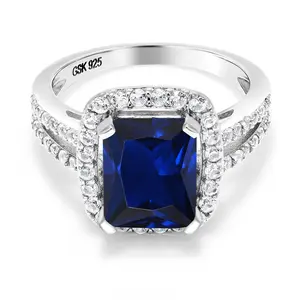 4.58 Cttw Blue Simulated Sapphire Engagement Ring For Women | 925 Silver | 10X8MM Emerald Cut | Gemstone Birthstone | Wedding Engagement Anniversary Promise Ring For Women