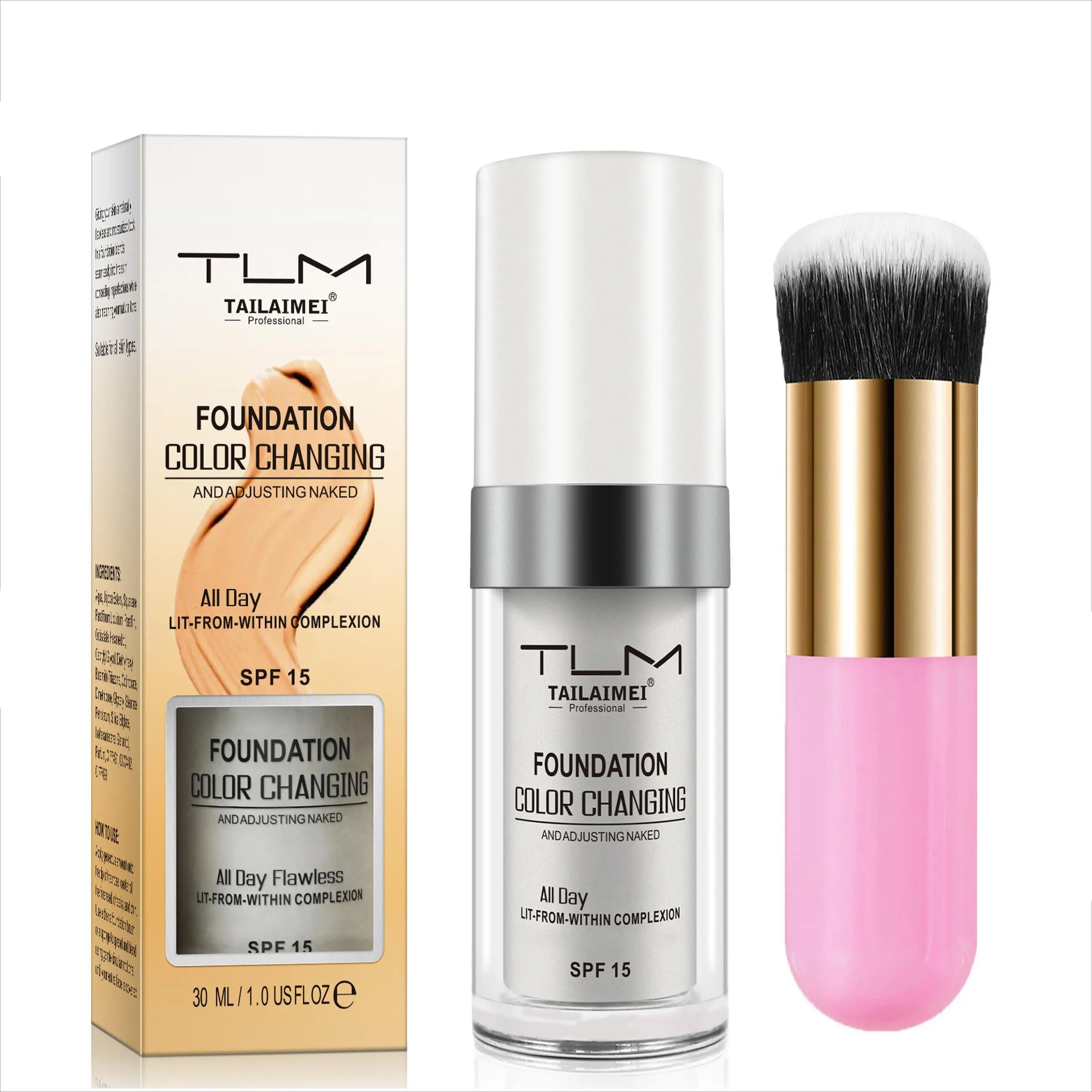 Long Lasting Liquid Color Changing Foundation & Makeup Brush Set, 2 Counts/set Long Lasting Lightweight Foundation, Hydrating Flawless Coverage, Moisturizing Full Coverage Flawless Makeup Cream, Concealer, Matte Makeup Finish