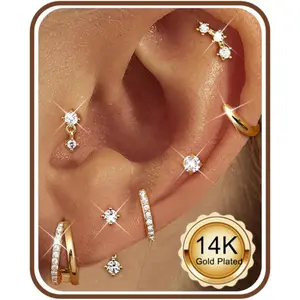 Hypoallergenic Gold Earrings Stack for Women, 7Pairs Surgical Steel Small Chunky Huggie Hoops & Flat Back Stud Earrings Set, Silver Cartilage Jewelry Trendy Christmas Gifts