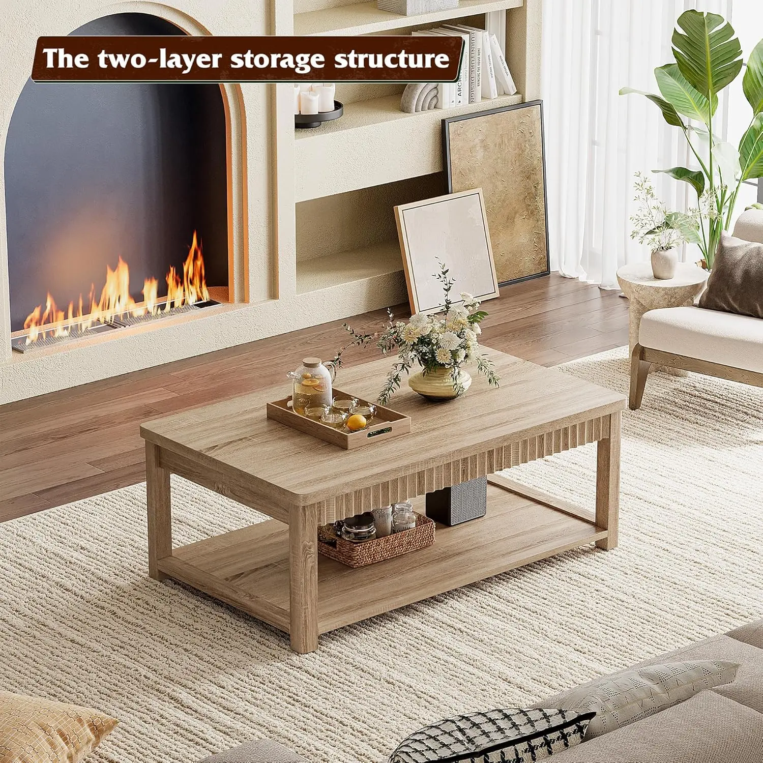 RaybeeFurniture 39" Modern Coffee Table, 2-Tier Storage & Wave-Edge Design, Oak Center Table for Living Room, Bedroom, Office