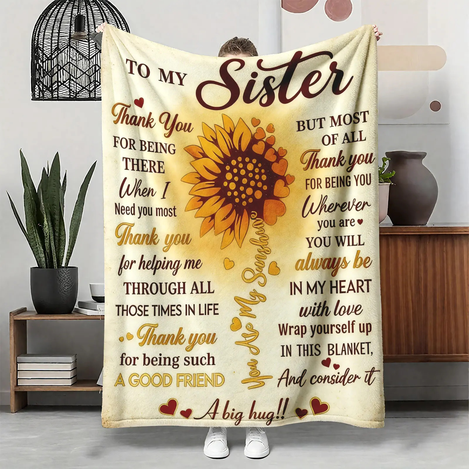 Super soft flannel throw blanket - "To My Sister" sunflower love quote, warm cozy for couch, bed & travel - perfect Mother's Day & birthday gift for sister, mom & family
