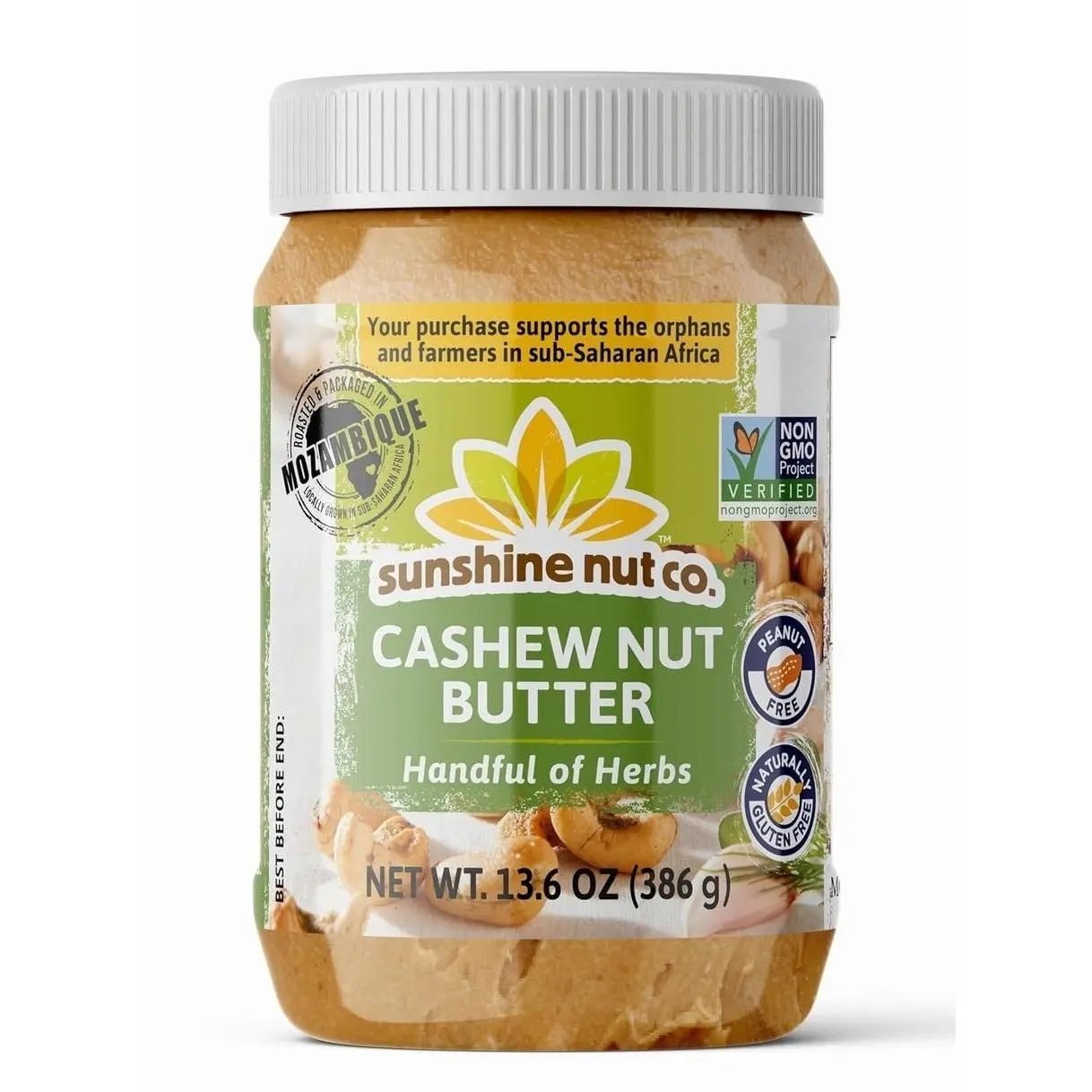 Sunshine Nut Company Gourmet Natural Cashew Butter, Handful of Herbs, 1 Pack, Vegan Spread with Hand-Roasted Mozambique Cashews, No Added Sugar, 13.6 oz Jar