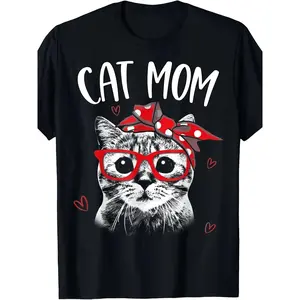 GGOR Cat Mom Pattern T-Shirt, Suitable for Women - 180G Loose Fit Short Sleeve Round Neck, Retro Style Cat with Red Bow And Heart Design, Machine Washable Casual Summer Top, Mother'S Day G, Playful Seasonal Print, Durable Print Quality, Seasonal Apparel