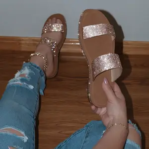 Celestia - Double Rhinestone Strap Slip-On Sandals, Sparkly Summer Footwear, Lightweight & Stylish, Perfect for Casual or Dressy Occasions