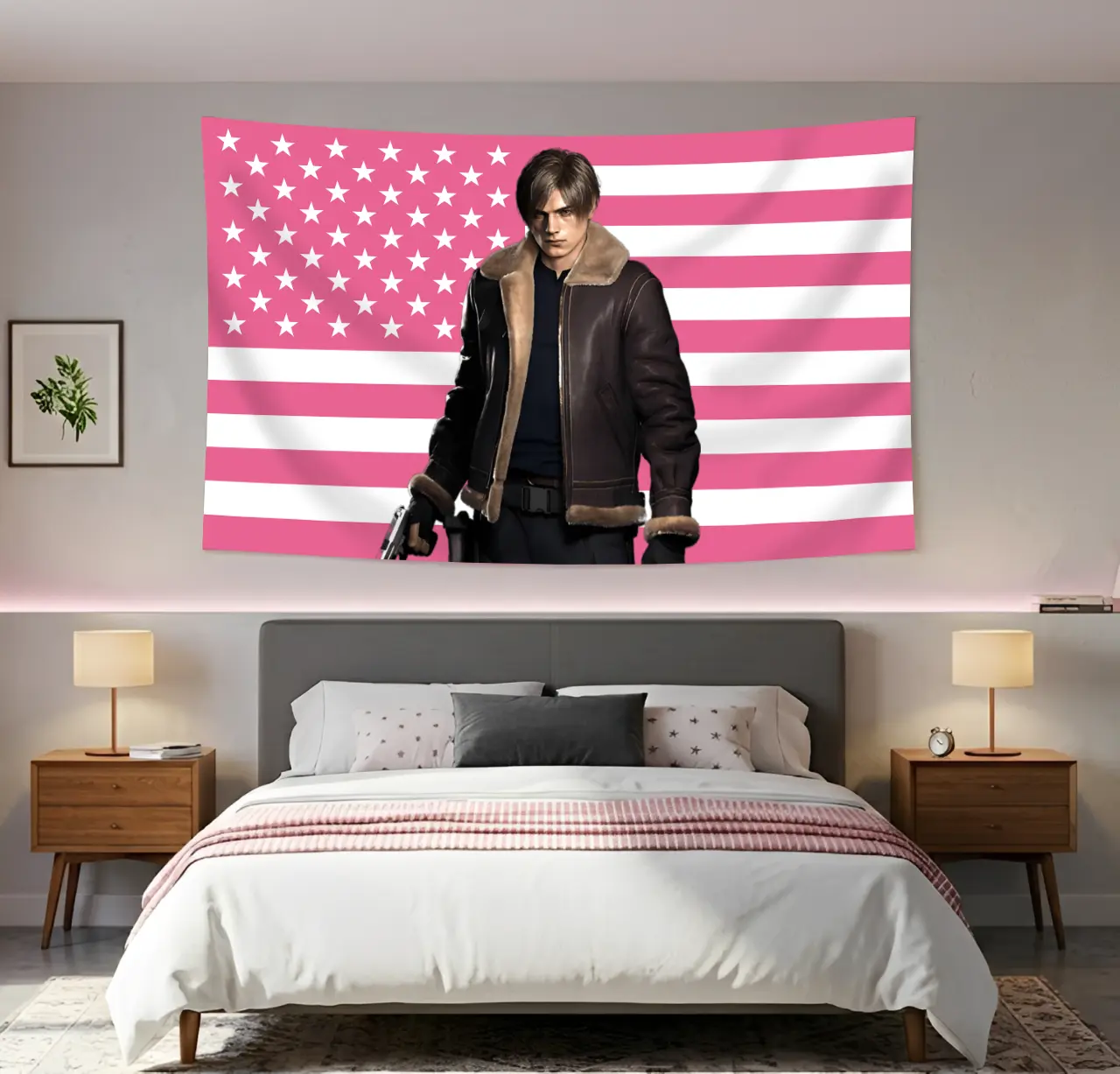 Resident Evil Leon S. Kennedy US Flag Tapestry - RE4 Remake Game Poster Wall Art Decor Gift for Fan
