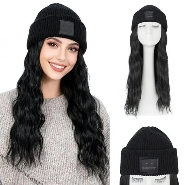 Beanie Wig for Women, Warm Knitted Hat with Long Wavy Black Synthetic Hair Extensions, Natural Looking Body Wave, Warm And Cozy, Boosts Volume, Pill Resistant, Elastic Fit, 52Cm To 58Cm, Curly Wavy Body Wave, Highly Elastic