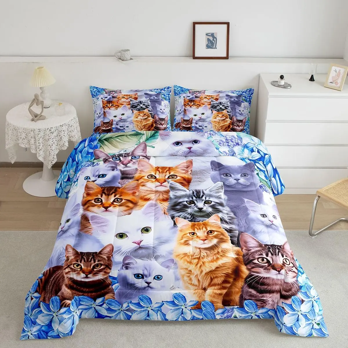 Kids Cute Cat Comforter Cartoon Pet Cats Bedding Set Cute Kitten Print Comforter Set Cat Lover's Animal Themed Design Quilt Set Bedroom Collection