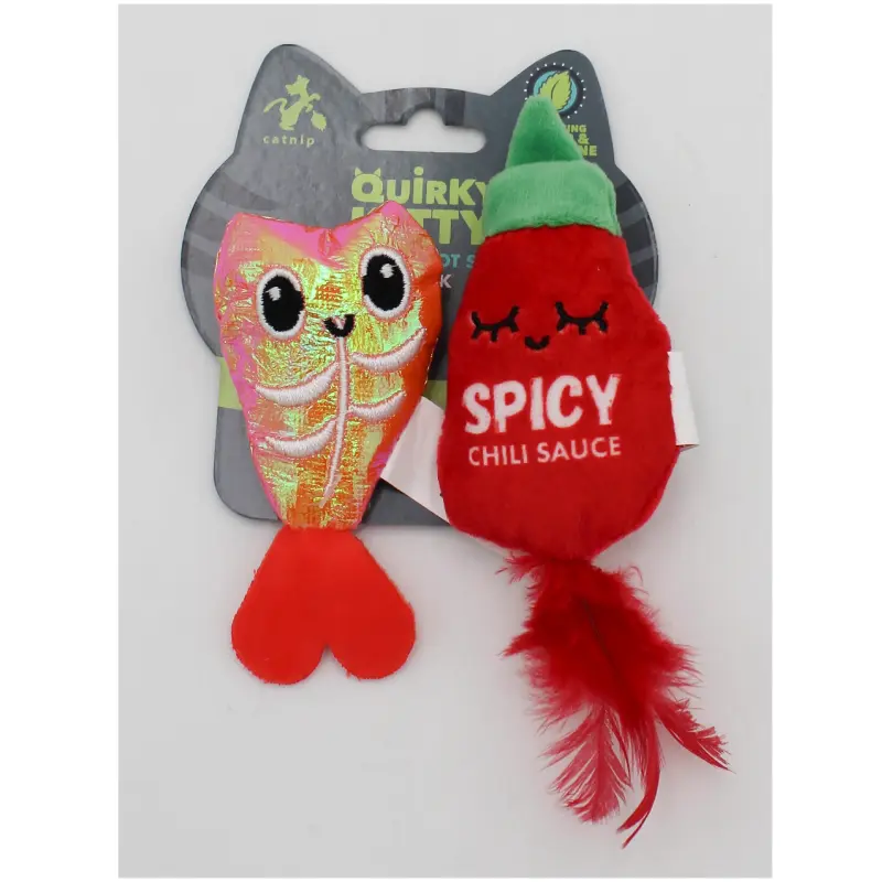 Cat Interactive Plush Toy 2-Pack - Quirky Kitty Purracha Hot Sauce & Shrimp Designs, Fun Pet Accessory for Feline Playtime