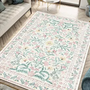 Washable Floral Area Rug, 2'x3' Bohemian Non-Slip Carpet for Girls Bedroom, Soft Living Room Mat, Kids Playroom Dormitory Floor Covering, Boho Floral Rug