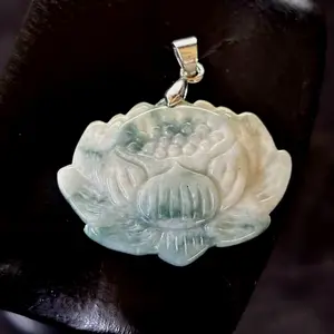Natural White and Green Jade Jadeite Carved 'LOTUS' Pendant, Free Necklace
