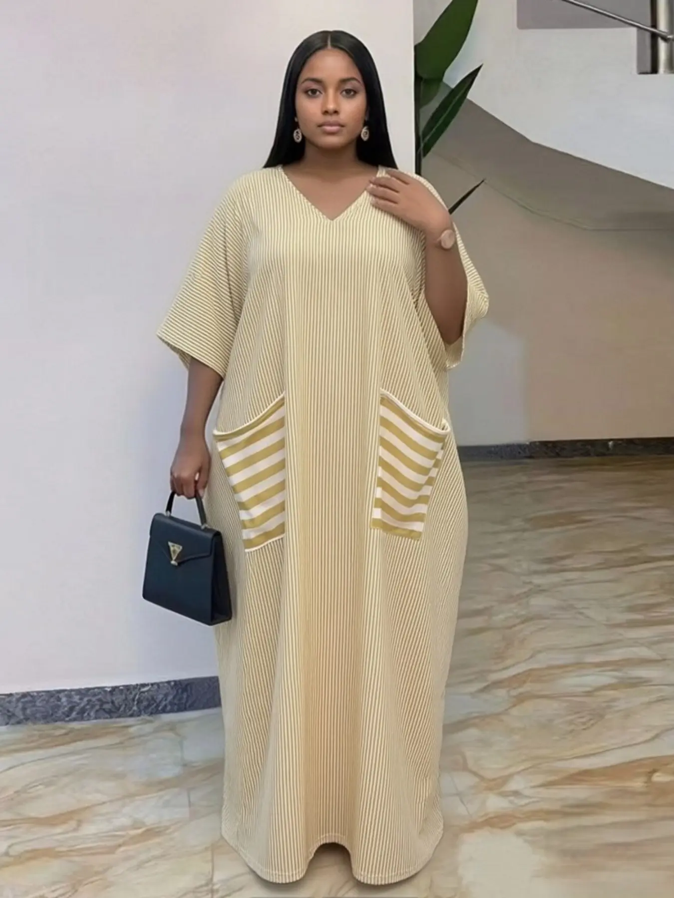 African Style Women's Dress, Womenswear Striped Print V-Neck Loose Fit, Casual Fashion Boubou Kaftan, Elegant Party Beach Vacation Summer Blue Robe with Scarf Matching, Beachwear Dress