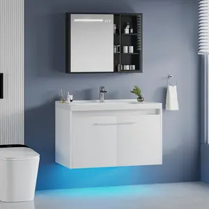 HOMBCK Floating Bathroom Vanity with Sink, Modern White Bathroom Vanity with LED Light, Wall Mounted Sink Cabinet with 2 Doors