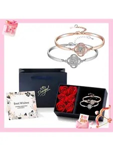 Exquisite love knot four-leaf bracelet and six roses gift box, symbolizing pure love, couple bracelet, women's bracelet, fashionable Valentine's Day, Mother's Day, anniversary gift, the best gift for lover, mother, wife.