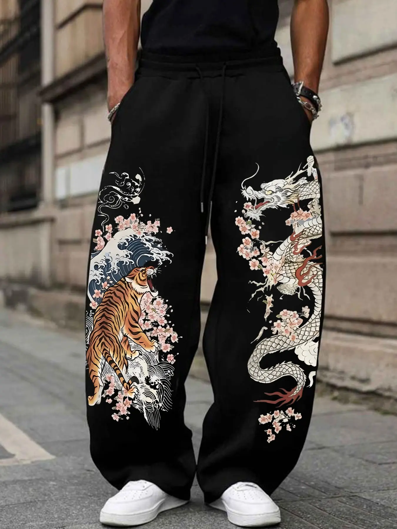 Men's Japanese Dragon Tiger Tattoo Print Graphic Oversized Sweatpants, Wide Leg Loose Pants with Wave and Cherry Blossom Design, Casual Street Style Long Pants