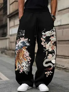 Men's Japanese Dragon Tiger Tattoo Print Sweatpants, Wide Leg Pants with Wave and Cherry Blossom Design, Casual Street Style Long Pants