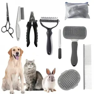 All-in-One 9 Piece Pet Grooming & Bath Kit, Professional Grooming Tools Includes Nail Clippers, File, Flea Comb, Shampoo Brush, Deshedding Brush & Silicone Toothbrush Grooming Accessories.