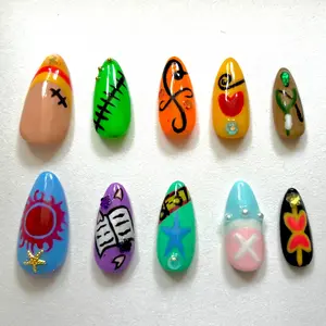 Colorful Cartoon Inspired Press On Nails, Pirate Crew Theme Nail Art Set with Symbol & Star Designs, Handmade Fake Nails Gift