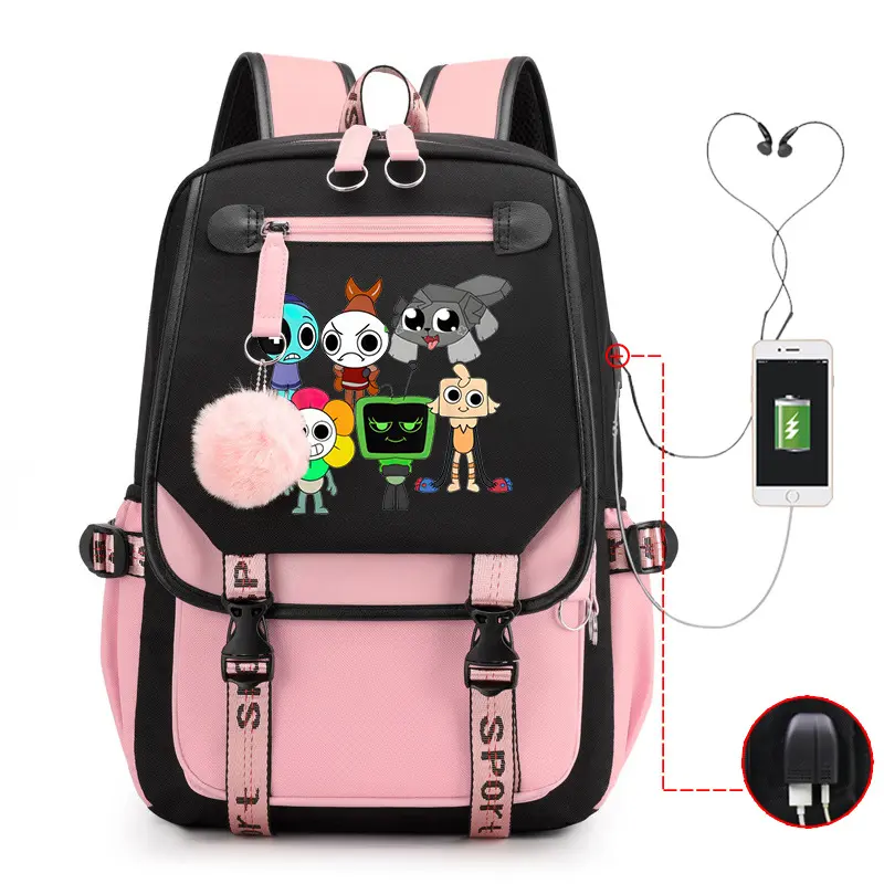 Backpack with multiple color combinations, Dandy's World Cartoon Print School Backpack with Charging Port, Fashion Daypack with Pom Pom Pendant