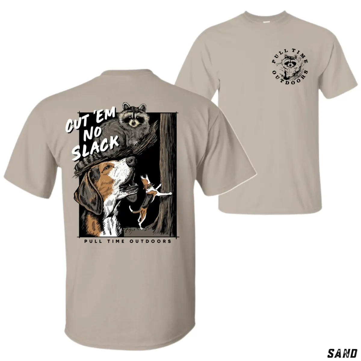 Cut Em No Slack Hunting Dog T-Shirt, Raccoon Treeing Graphic Tee, Coonhound Outdoor Shirt, Funny Hunting Apparel, Gift for Hunters, Men Unisex Crewneck Tops, Camping Fishing Country Lifestyle